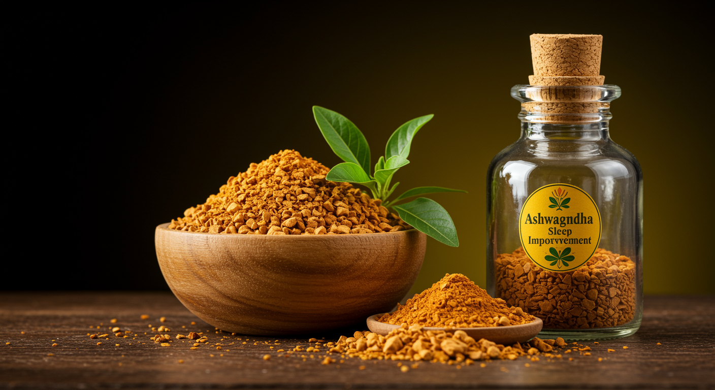 Photorealistic ashwagandha plant and extract with sleep quality improvement visualization, showing natural sleep enhancement, soft herbal lighting, no text