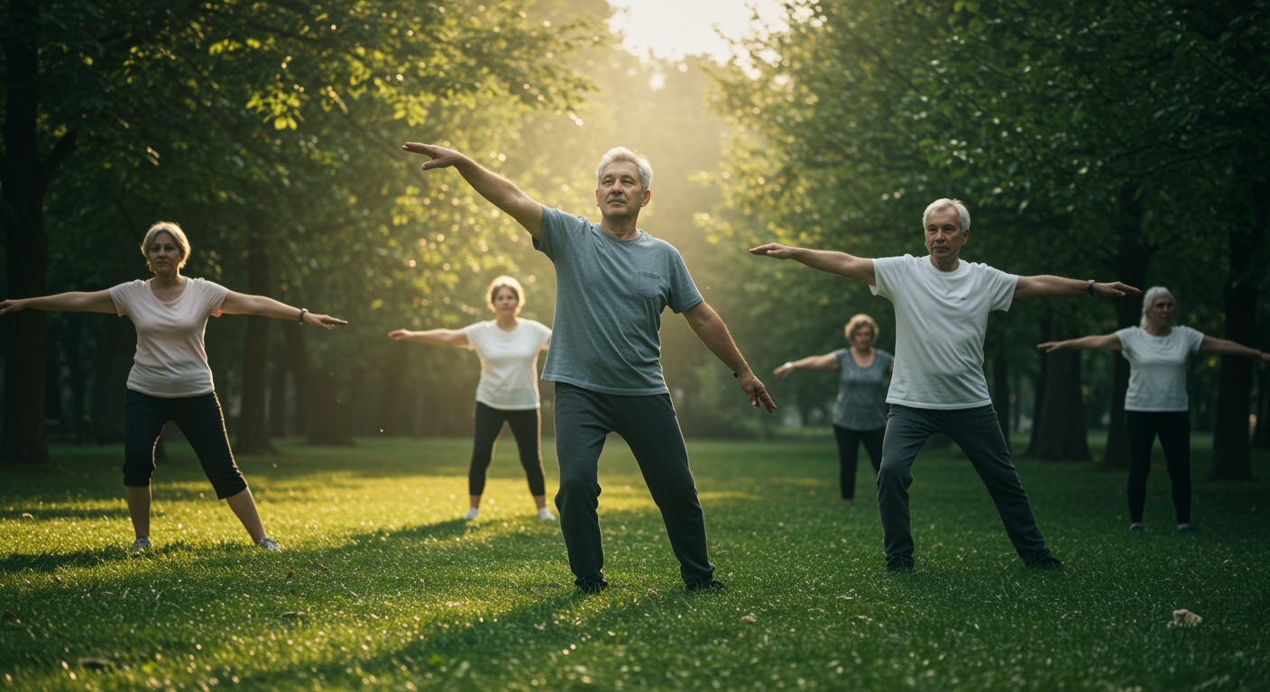 Older adults practicing slow flowing movements in a sunlit community park with green trees and soft morning light