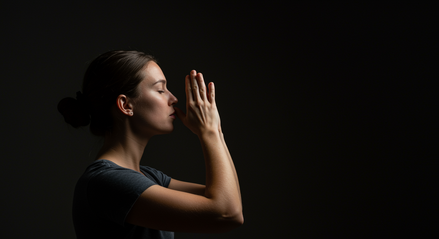 Person practicing breathing technique with soft lighting