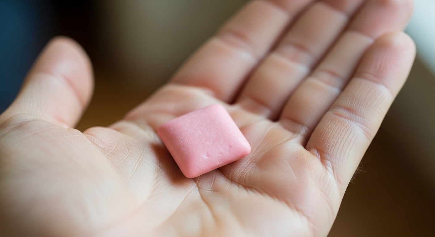 Person chewing gum outdoors with a pack of sugar-free gum on a table