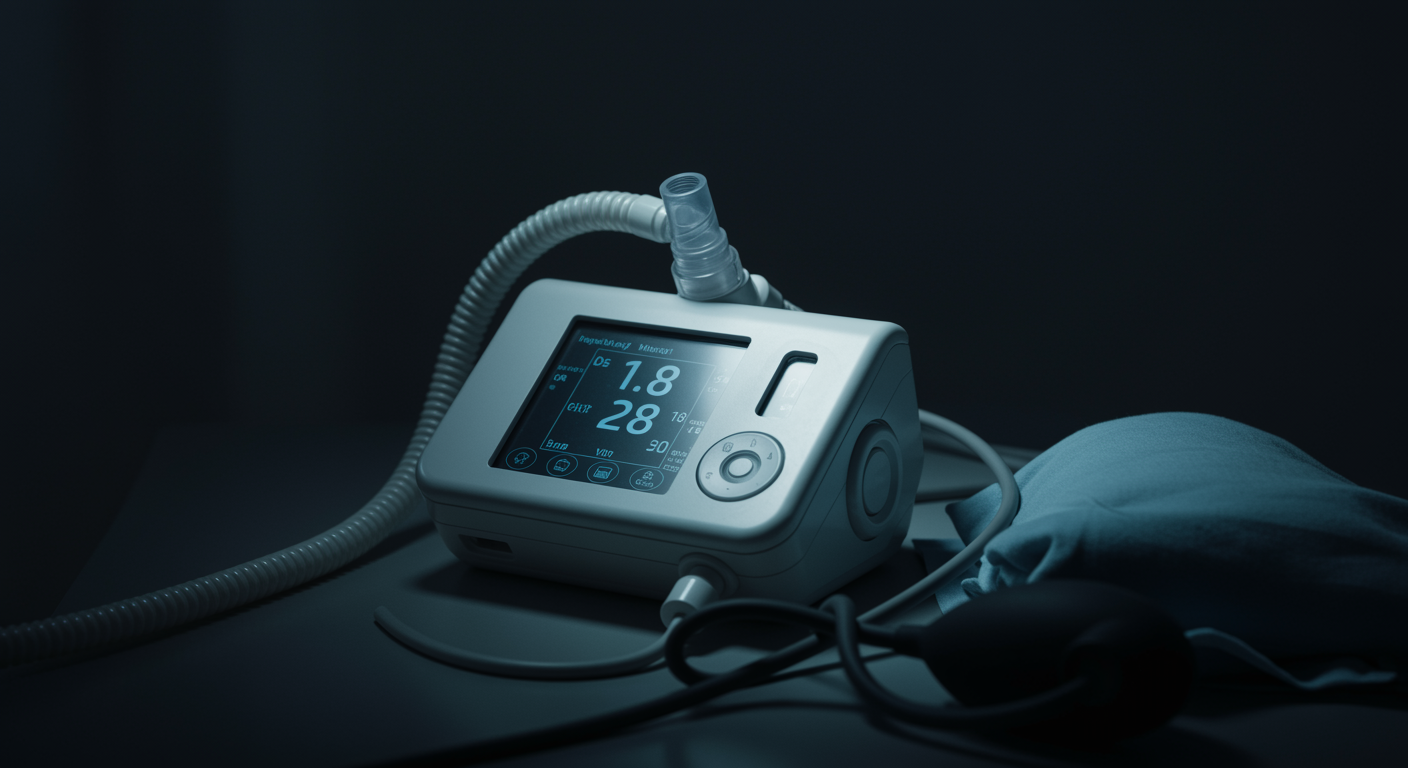 Photorealistic CPAP machine with blood pressure monitoring showing cardiovascular improvements in sleep apnea treatment, soft medical lighting, no text