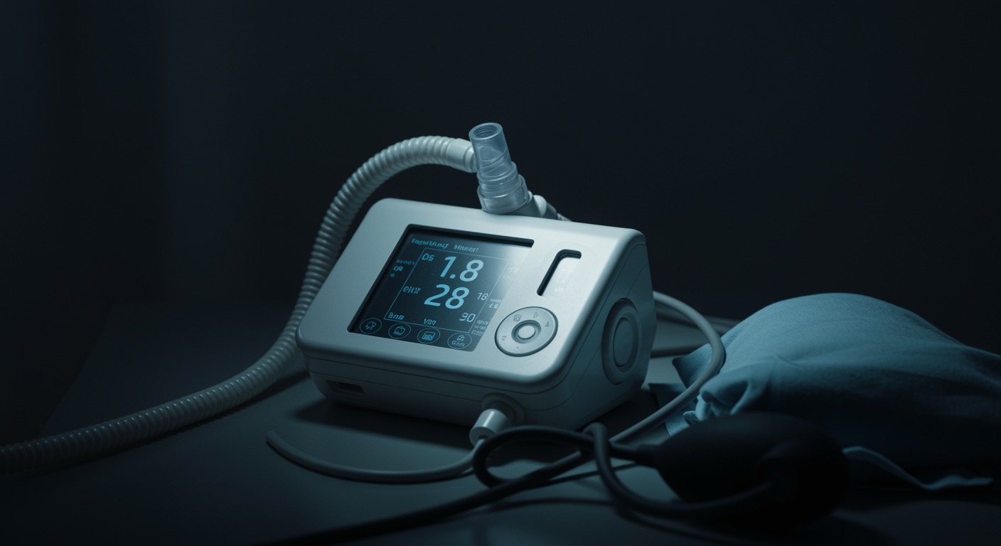 Photorealistic CPAP machine with blood pressure monitoring showing cardiovascular improvements in sleep apnea treatment, soft medical lighting, no text