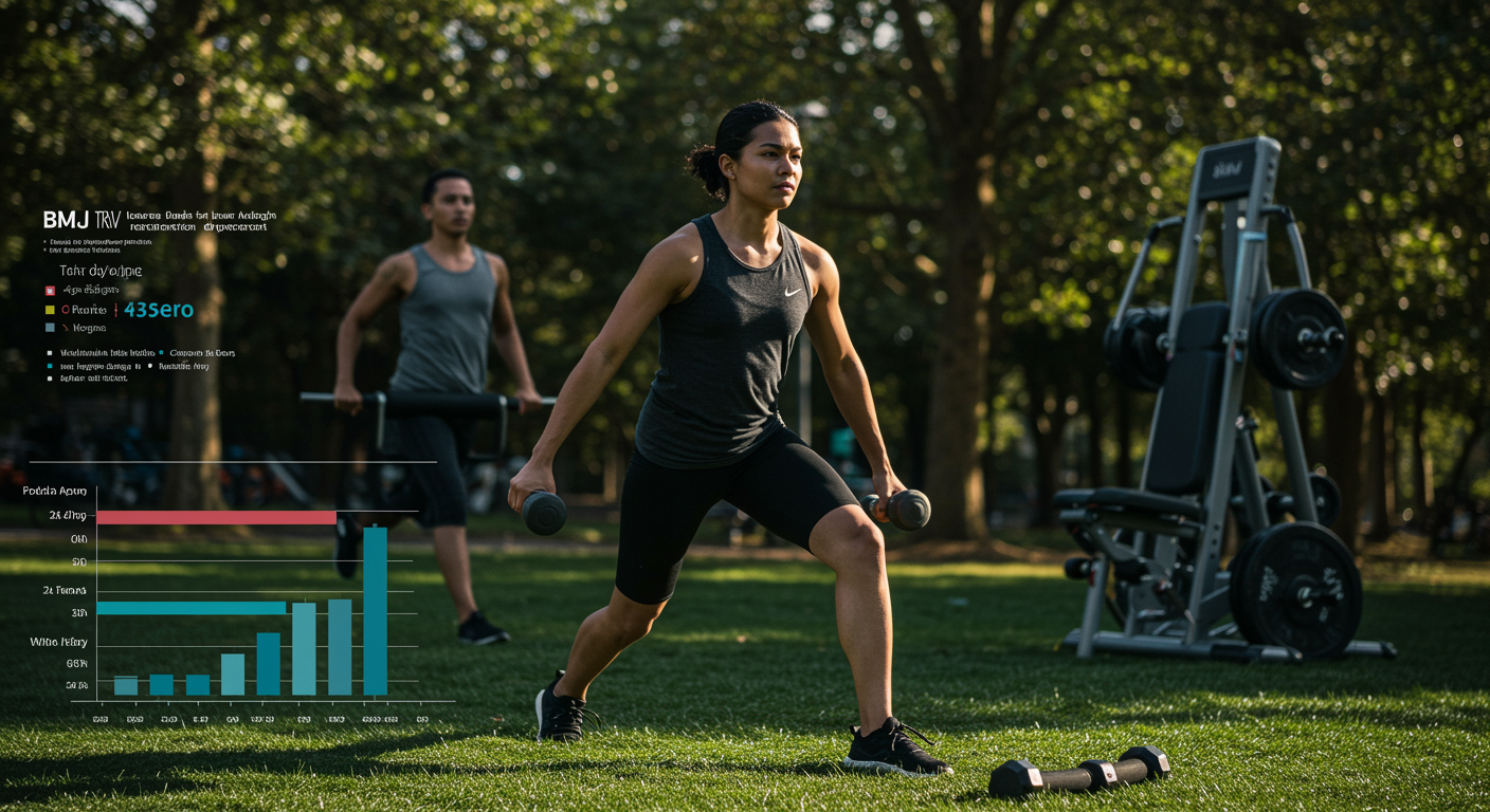 Person exercising outdoors with various fitness equipment and BMJ research data showing exercise types for depression treatment