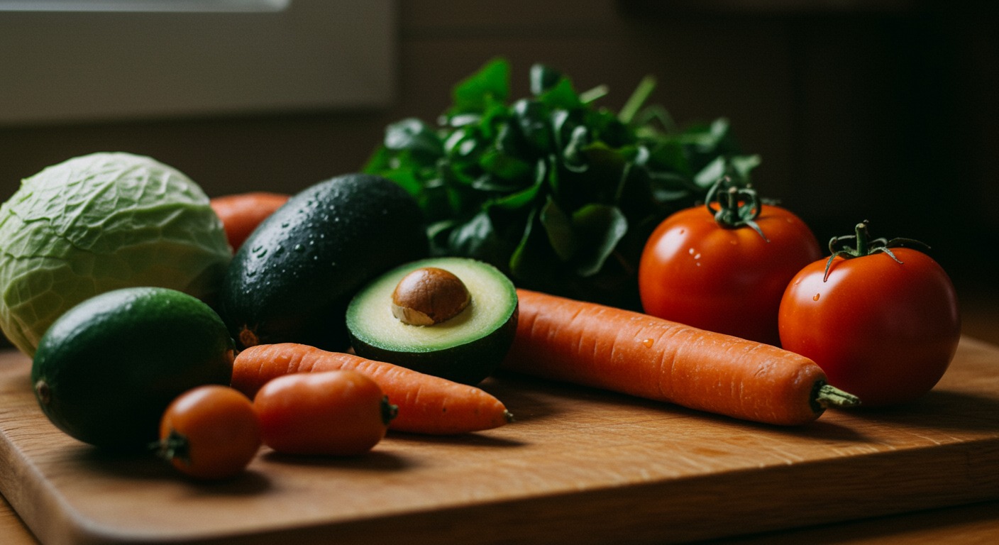 Close-up of fresh seasonal produce arranged on a warm wooden cutting board with soft natural light from a side window