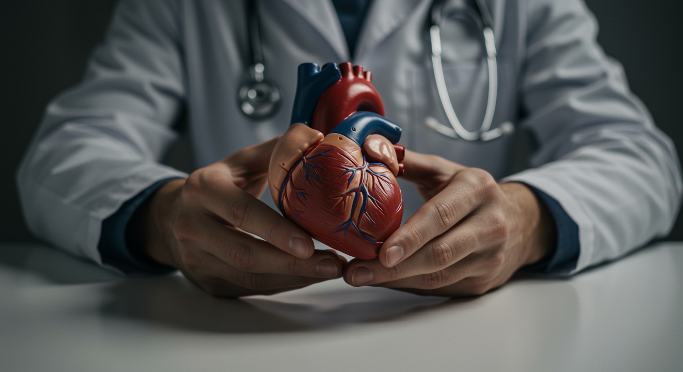 Close-up of hands holding a red anatomical heart model on a clean white medical desk with soft diffused light