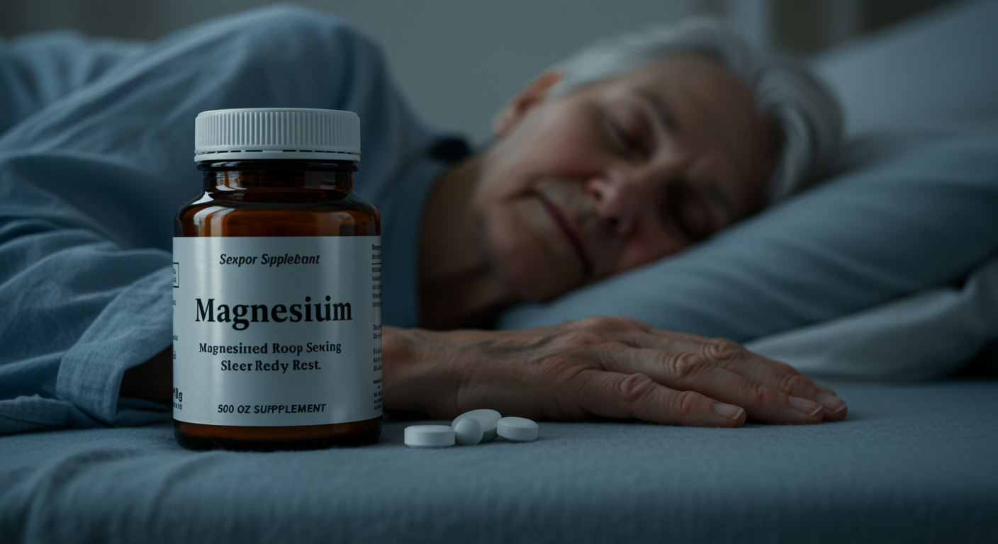 Photorealistic magnesium supplement with elderly person sleeping peacefully, showing improved sleep quality and rest, soft pharmaceutical lighting, no text