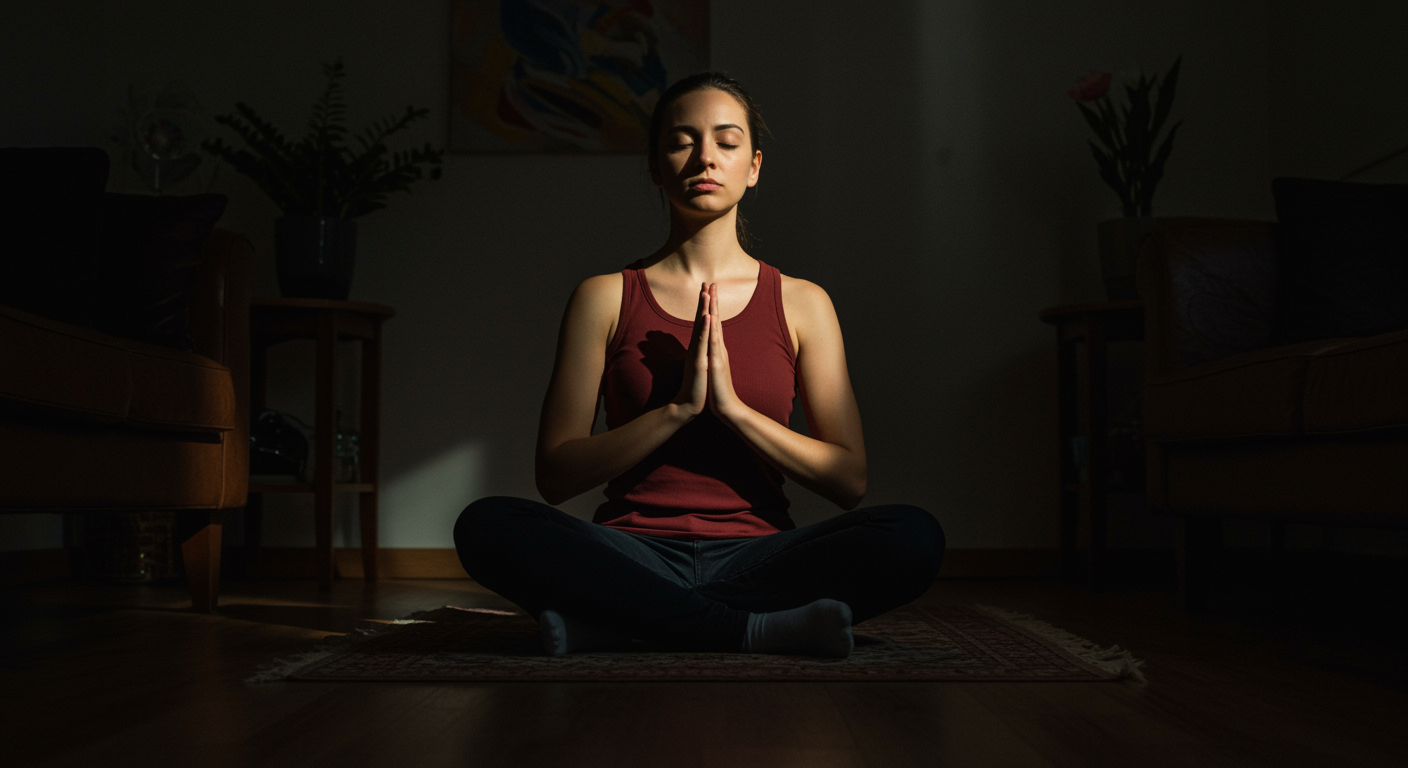 Person meditating at home with soft lighting
