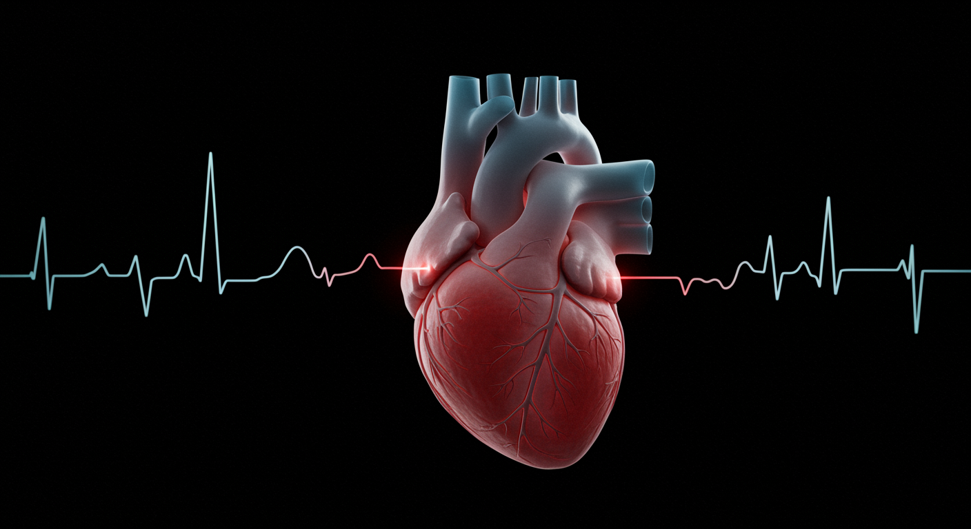 Photorealistic heart rhythm visualization showing atrial fibrillation improvement with sleep apnea treatment, medical cardiology visualization, soft cardiac lighting, no text