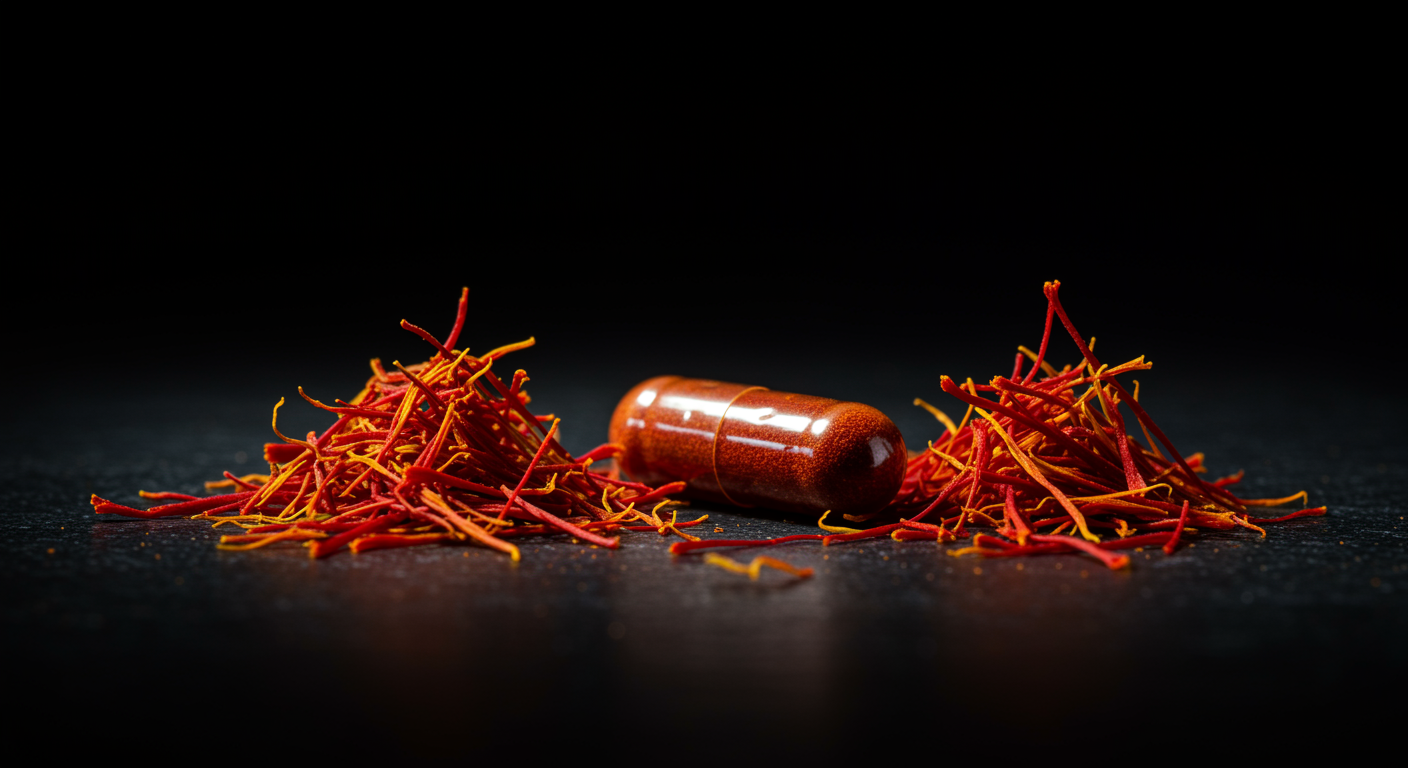 Saffron spice with sertraline capsule in soft lighting