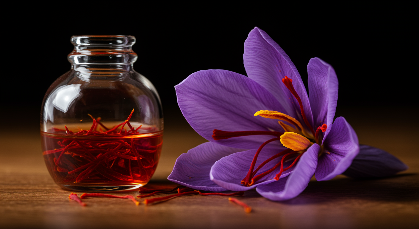Photorealistic saffron extract with insomnia treatment visualization, showing sleep improvement and reduced sleep difficulties, soft therapeutic lighting, no text