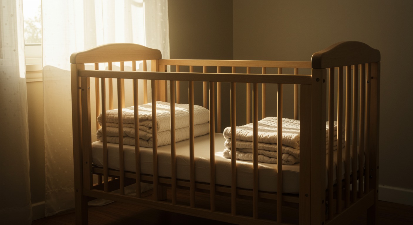 An empty wooden crib with soft folded blankets in a sunlit nursery with warm golden morning light