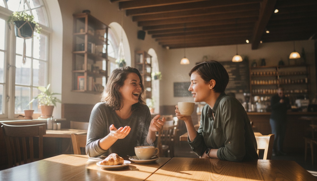 Two friends in lively conversation over coffee in a cozy sunlit cafe with warm wood tones and soft natural light