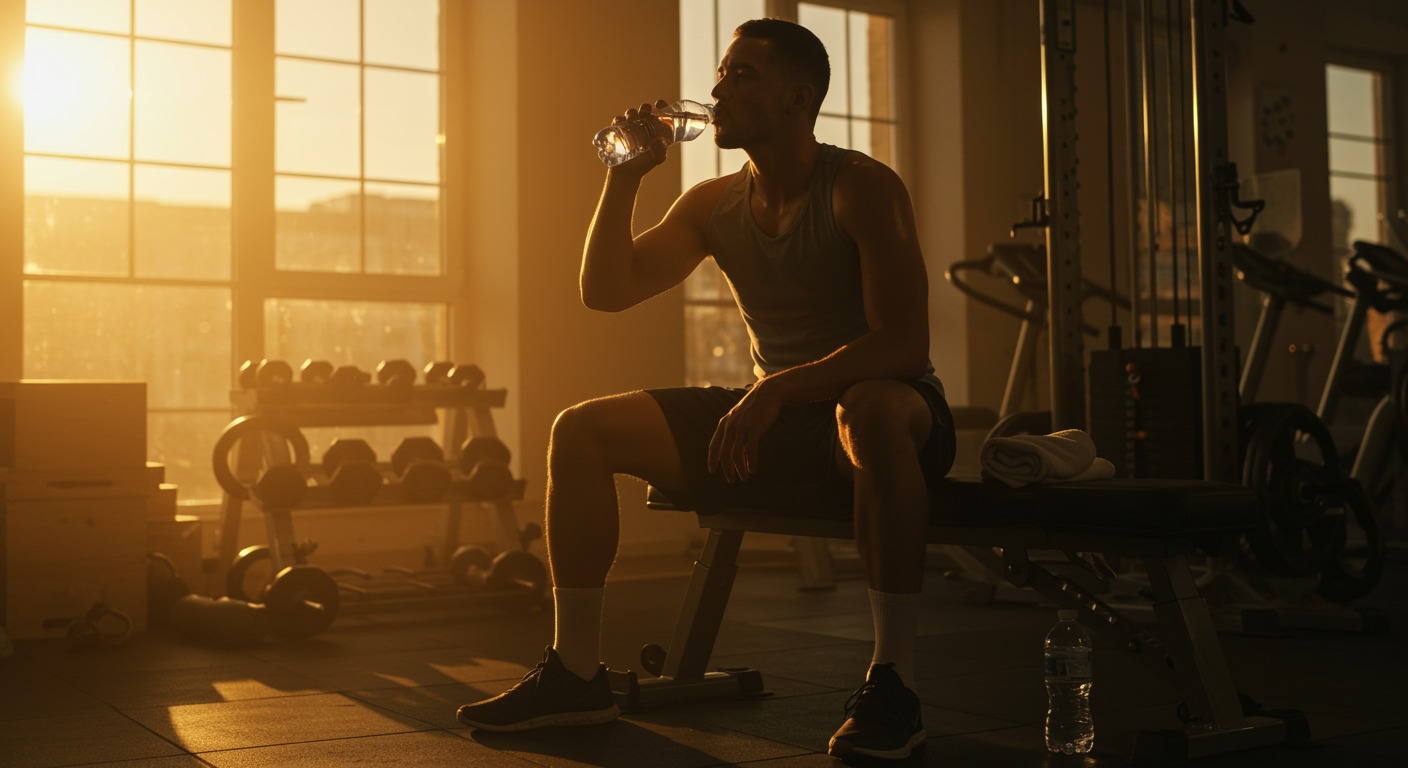 Athlete resting on a bench after an intense workout session, drinking water in a modern gym with warm natural light streaming through large windows