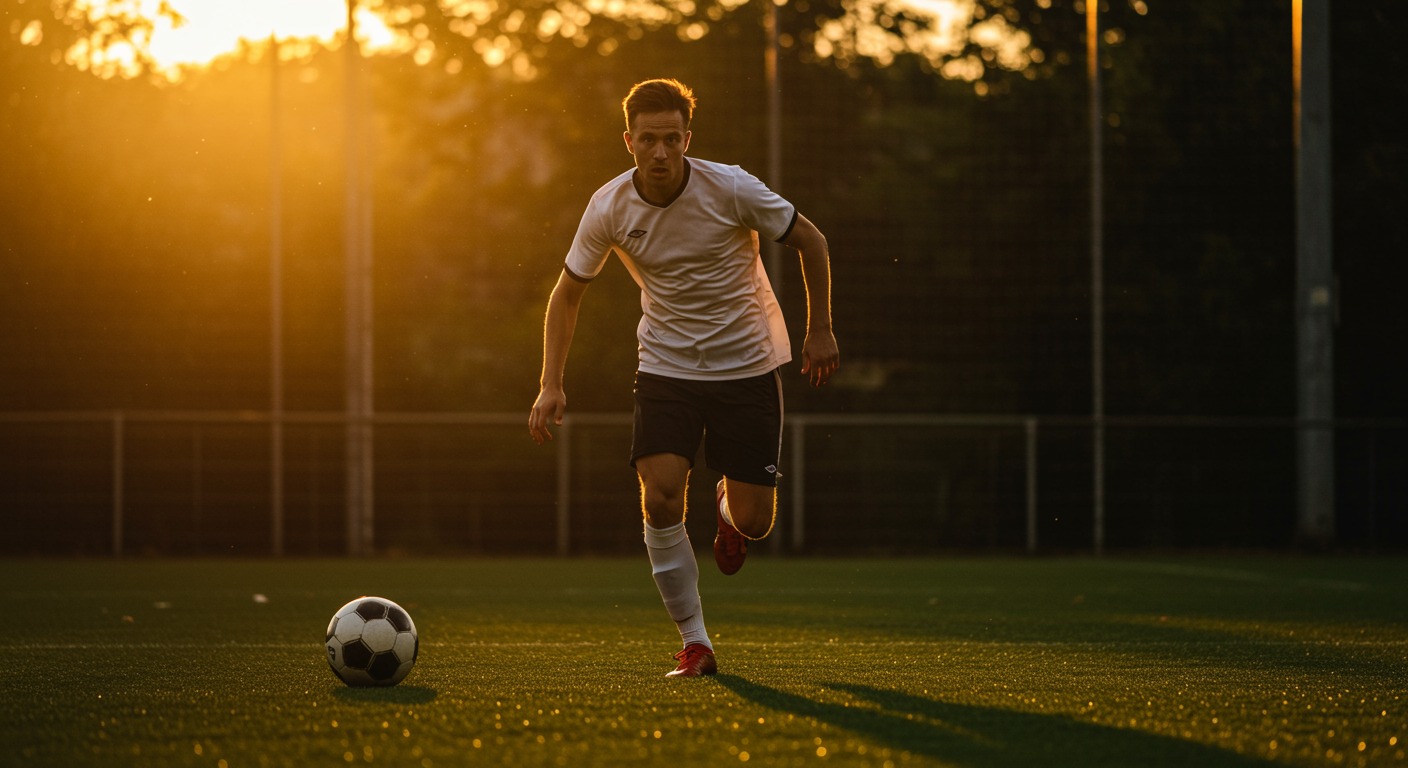 Soccer player sprinting with the ball on a bright green pitch during golden hour, dynamic athletic motion captured mid-stride