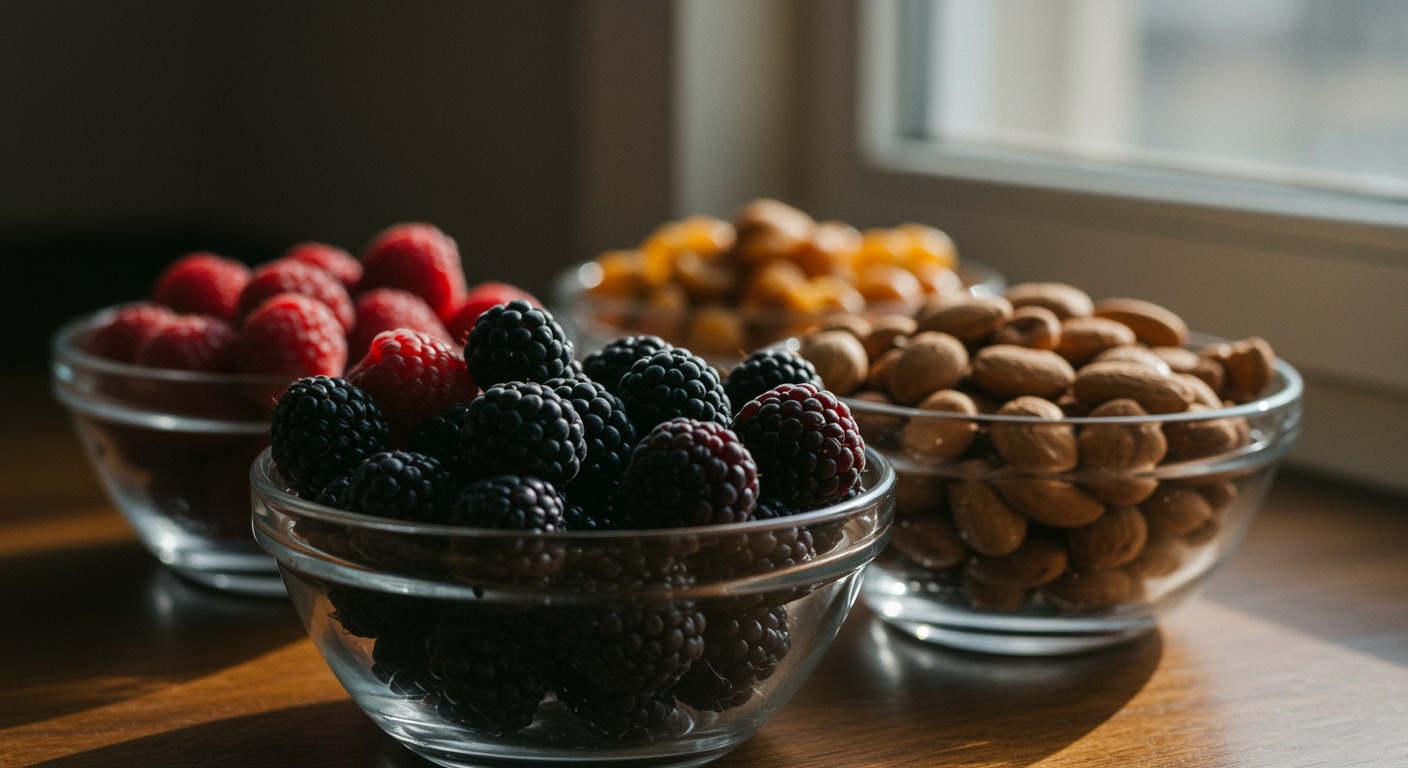 Close-up of colorful fresh berries and nuts in glass bowls with clean bright natural light from a side window