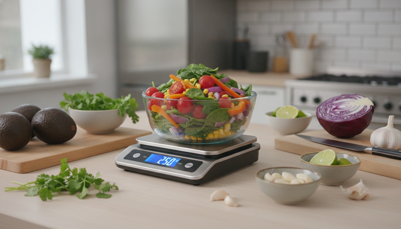 Fresh colorful ingredients measured out on a kitchen scale with bright even lighting