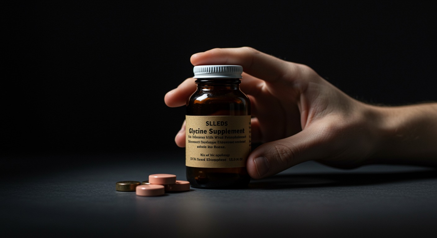 Photorealistic glycine supplement with daytime performance enhancement visualization after sleep restriction, showing improved alertness and cognitive function, soft performance lighting, no text