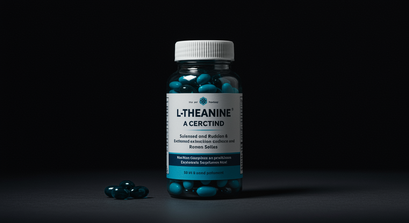 Photorealistic L-theanine supplement with extended clinical trial visualization showing sustained stress reduction and cognitive enhancement, soft long-term benefits lighting, no text