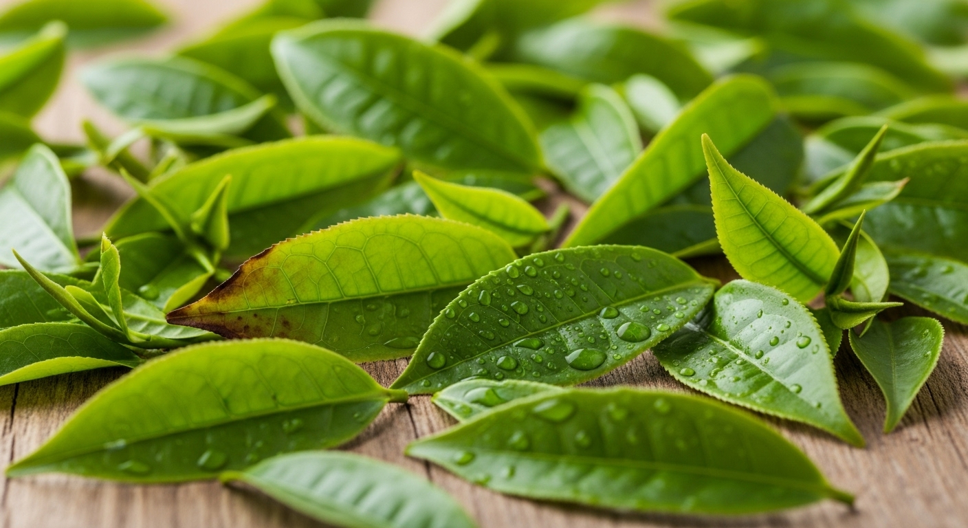 Green tea leaves with soft lighting