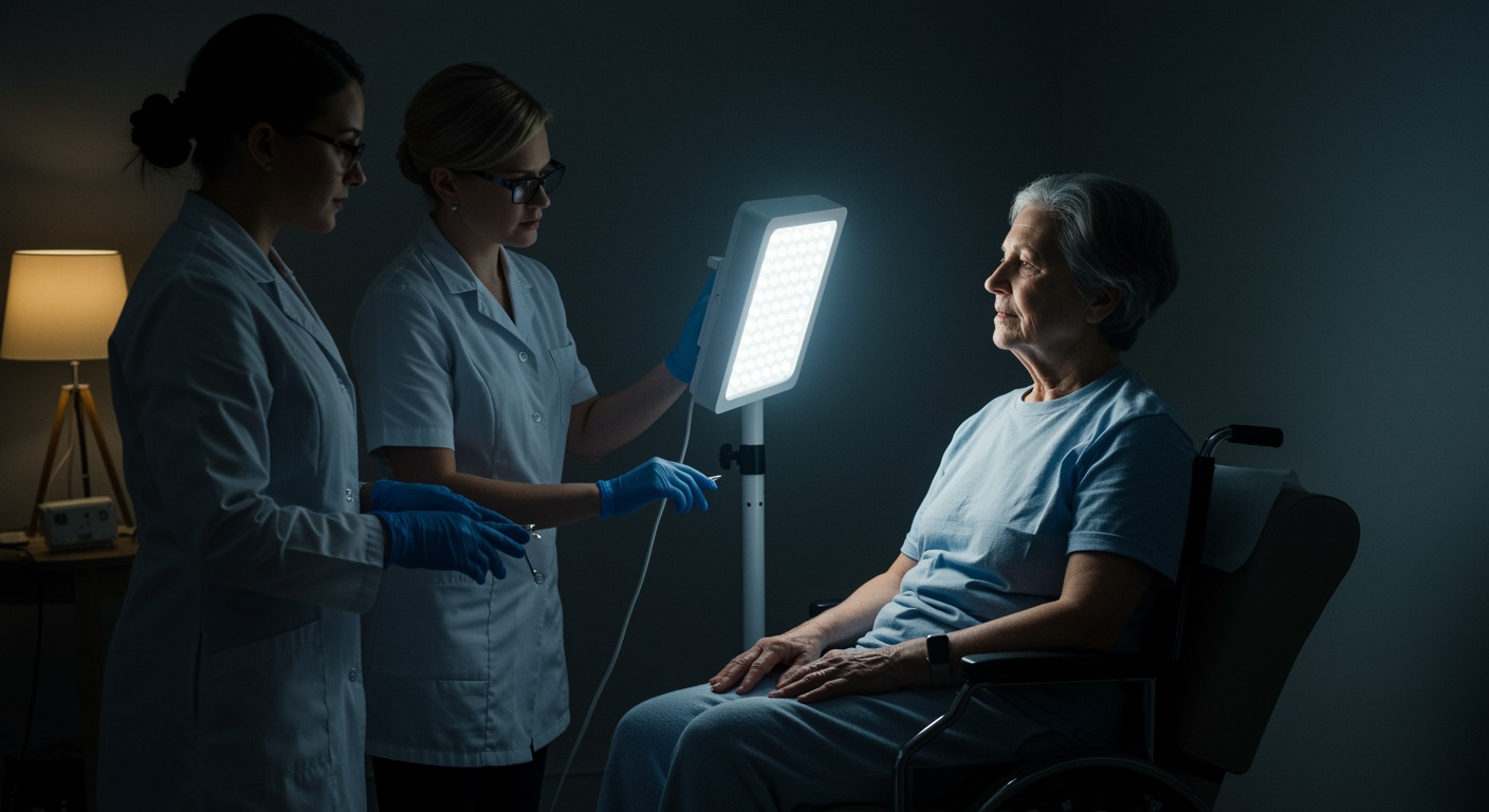 Dementia patient receiving light therapy treatment with specialized light box and caregiver monitoring in clinical setting