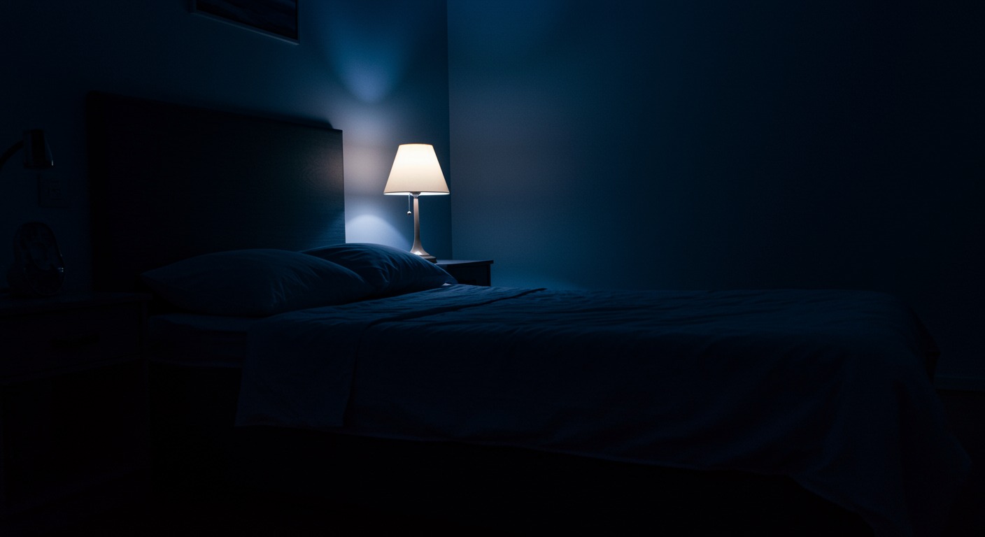 Minimalist bedroom at twilight with deep blue and lavender tones and a single bedside lamp glowing
