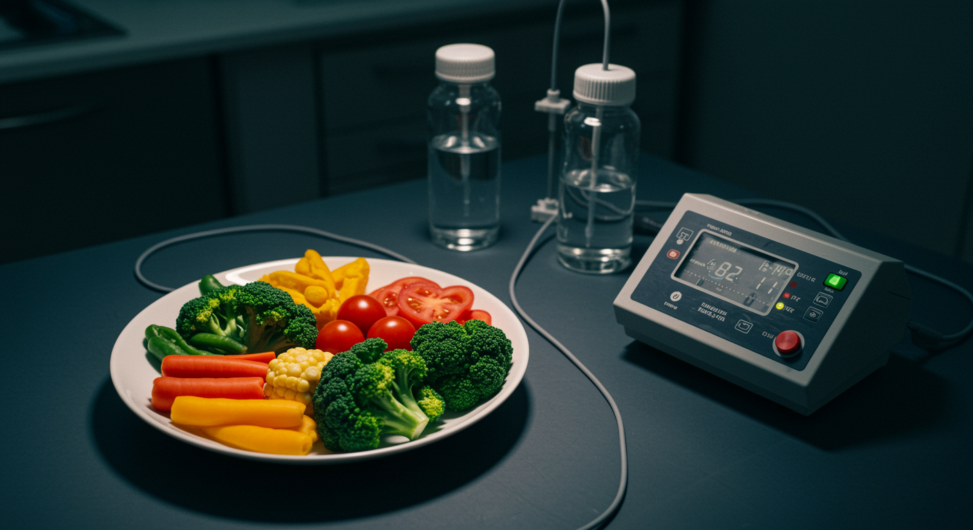 Healthy low-carbohydrate meal with vegetables, protein, and pH monitoring equipment on a medical research table
