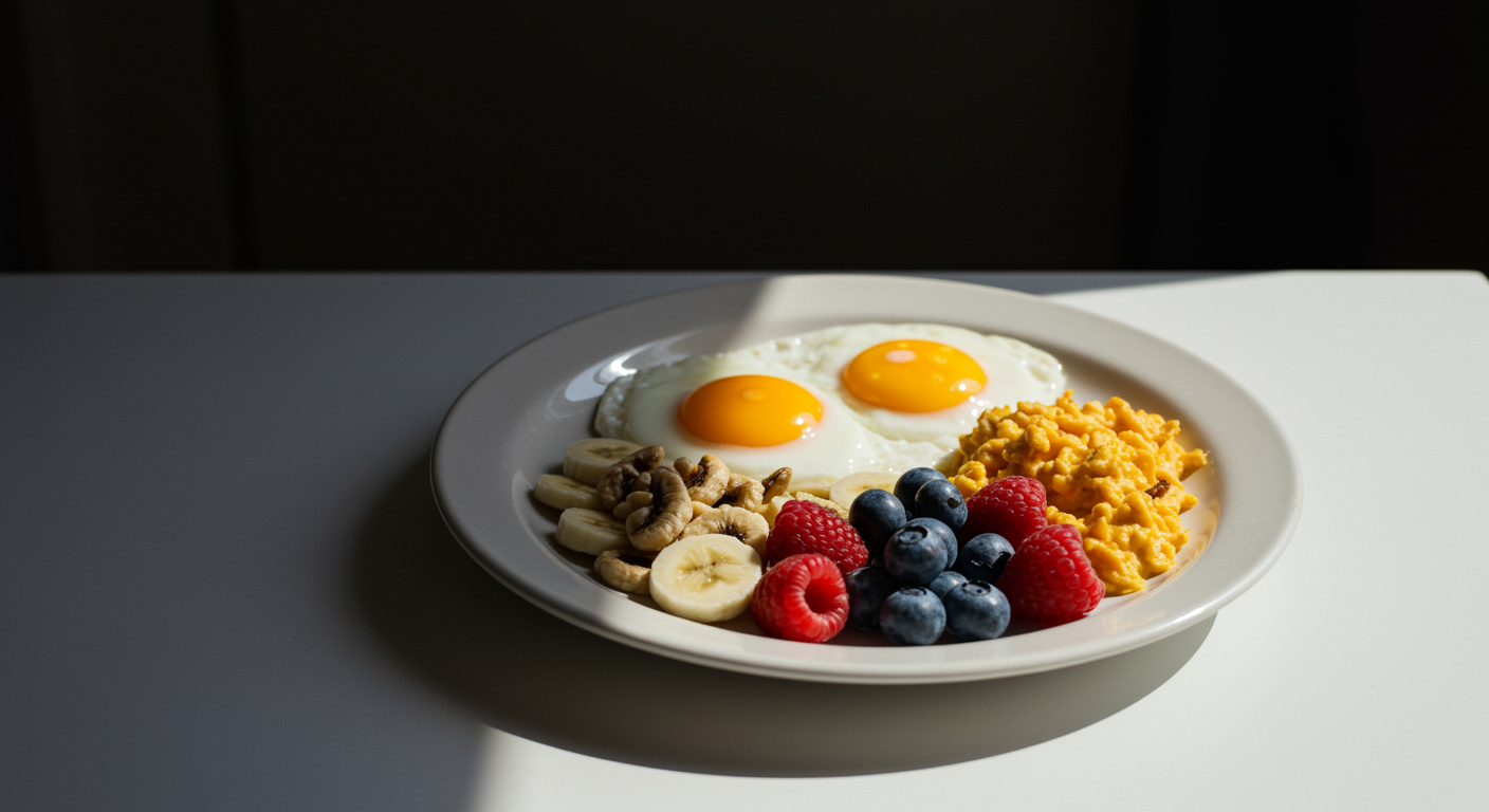 Single breakfast plate with balanced nutrients on clean white surface with morning lighting