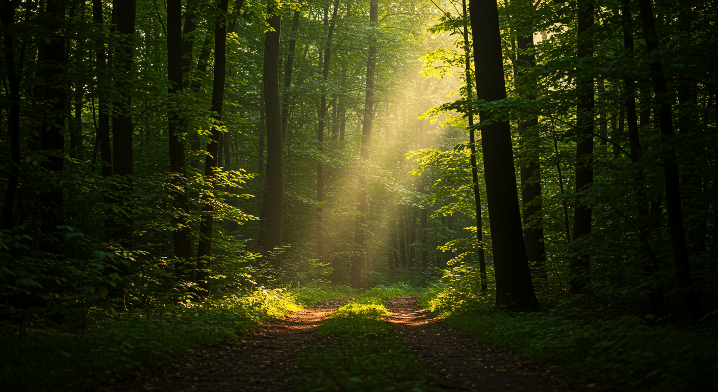 Green forest with warm light