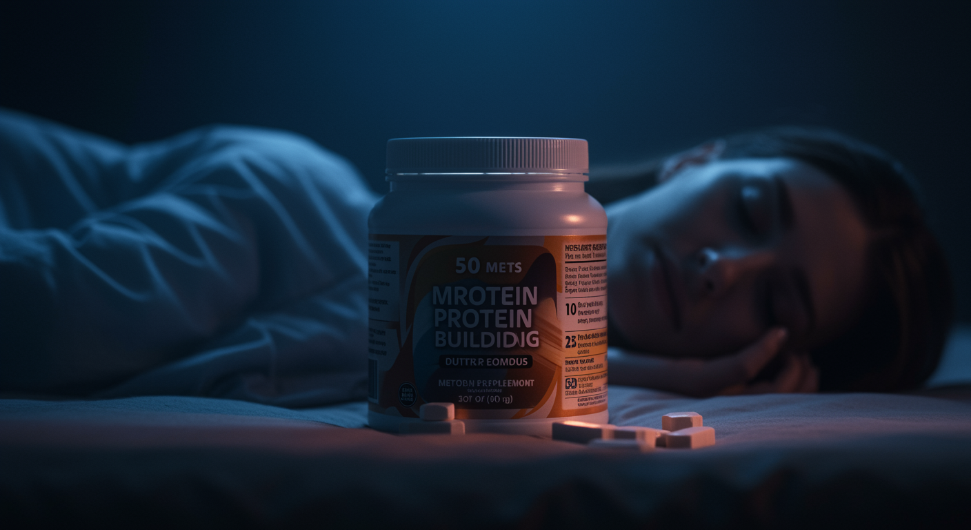 Photorealistic protein supplement with muscle building visualization during sleep, showing overnight muscle protein synthesis enhancement, soft nutritional lighting, no text