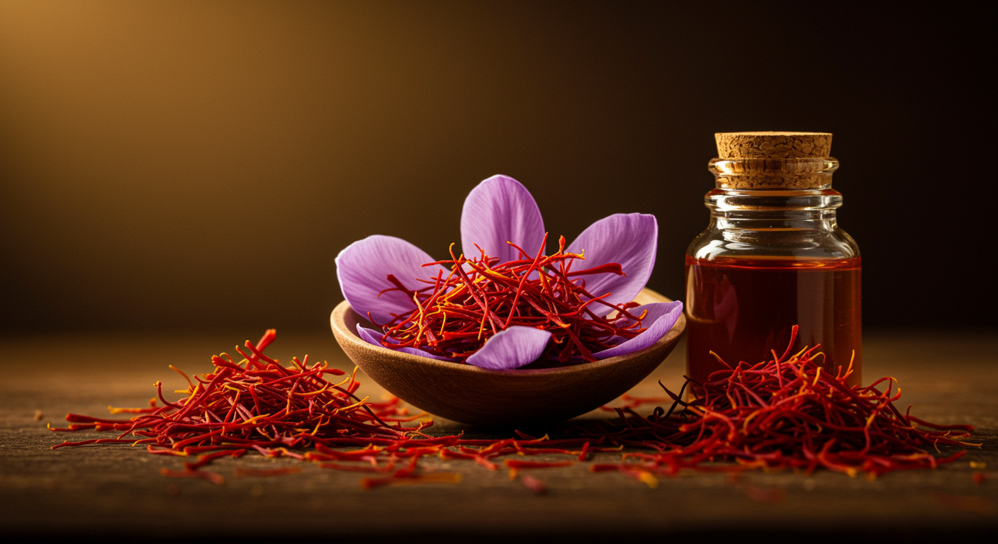 Photorealistic saffron spice and extract with sleep quality improvement visualization, showing natural sleep enhancement, soft golden lighting, no text