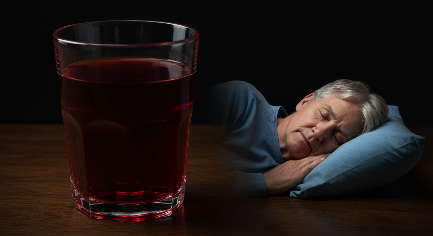 Photorealistic glass of tart cherry juice with sleeping older adult, showing natural melatonin effects and improved sleep quality, soft nutritional lighting, no text