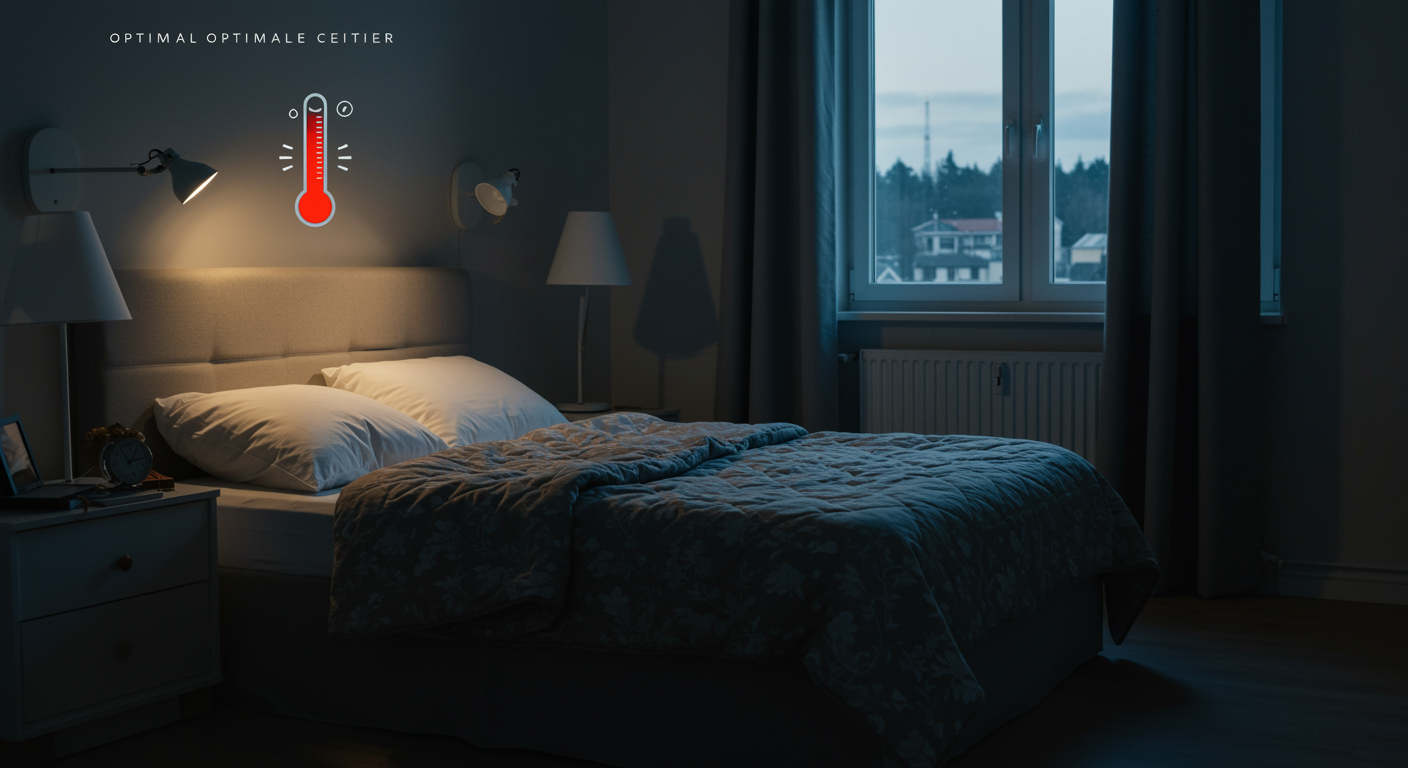 Photorealistic bedroom environment showing optimal thermal conditions for sleep with temperature control visualization, soft environmental lighting, no text