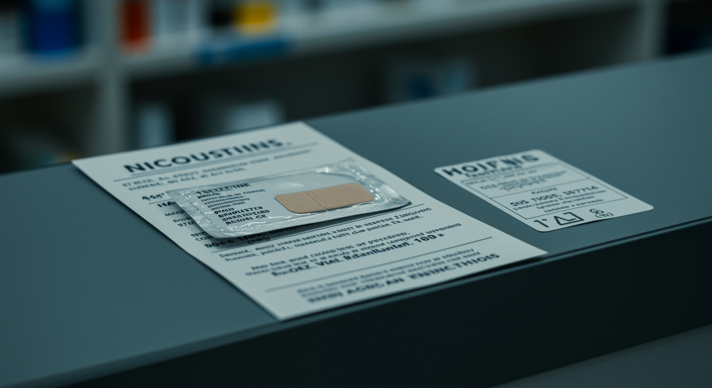 Nicotine patch package and medical consultation pamphlet on a pharmacy counter