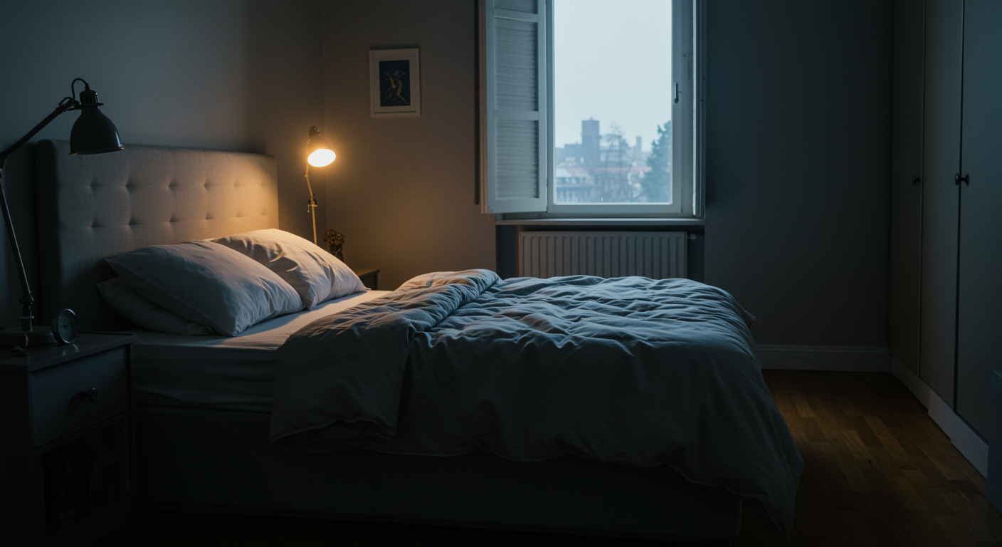 Photorealistic bedroom environment showing optimal ventilation and temperature control with sleep quality and performance visualization, soft environmental lighting, no text