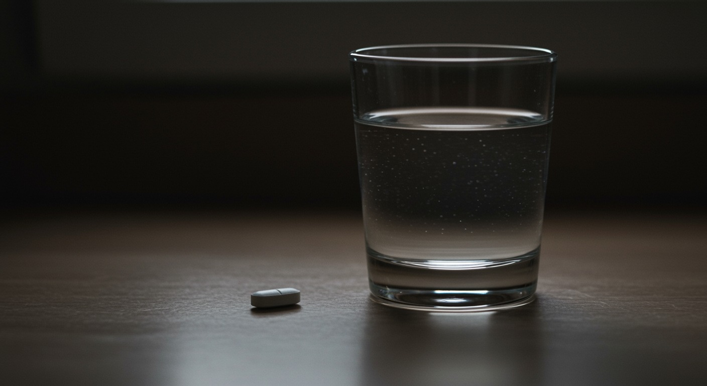 A single white pill resting beside a glass of water on a clean kitchen counter in soft natural light
