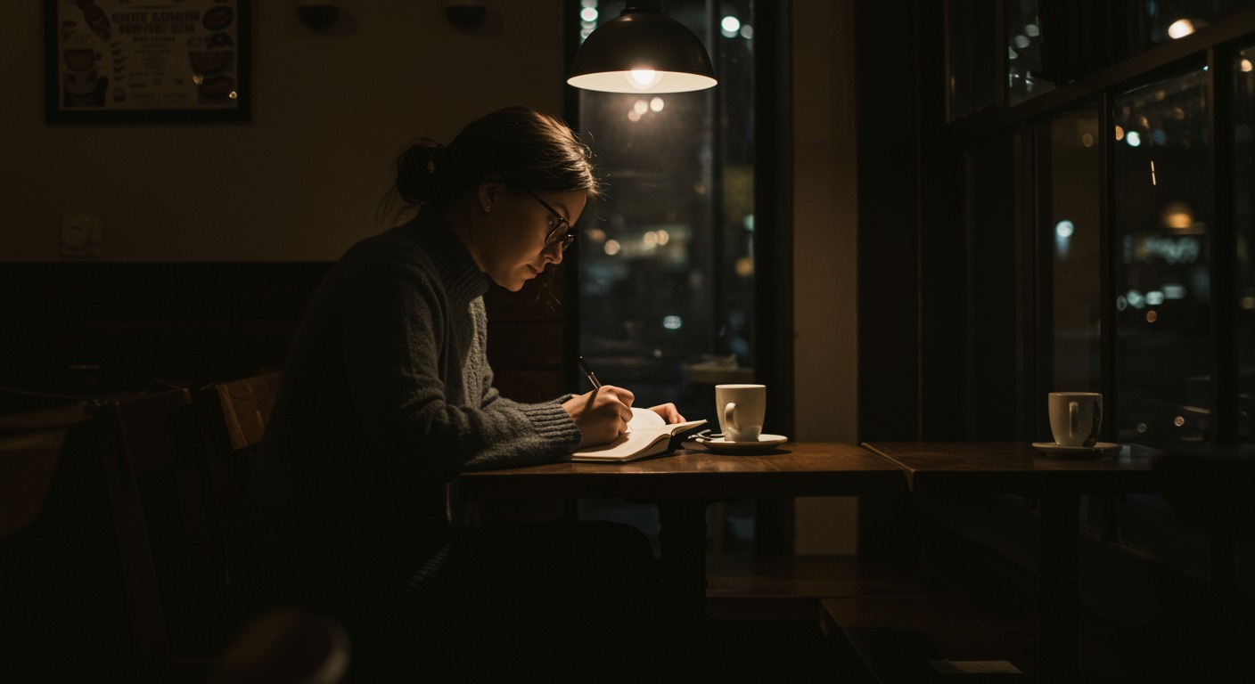 Person journaling in a quiet coffee shop with moody ambient lighting and shallow depth of field