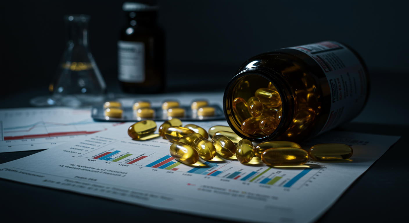 Omega-3 supplements and fish oil capsules with dose-response research charts and nutritional psychiatry materials on desk
