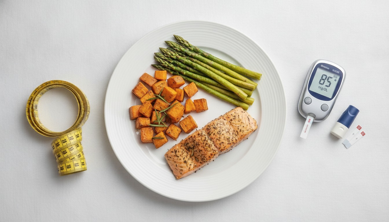 Overhead flat-lay of a balanced plate of food with measuring tape and a glucometer on a white table