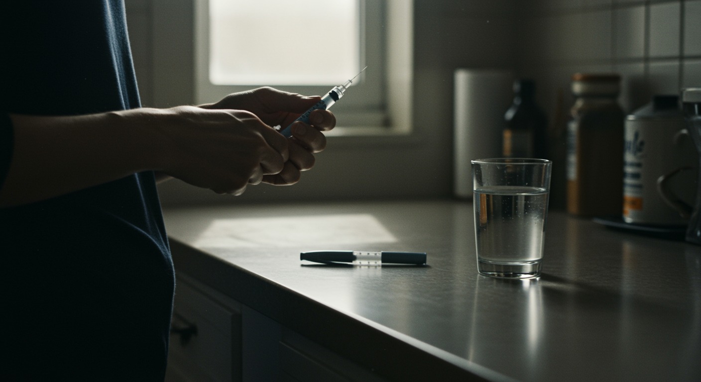 A person preparing a single-dose injection pen on a kitchen counter beside a glass of water in soft morning light