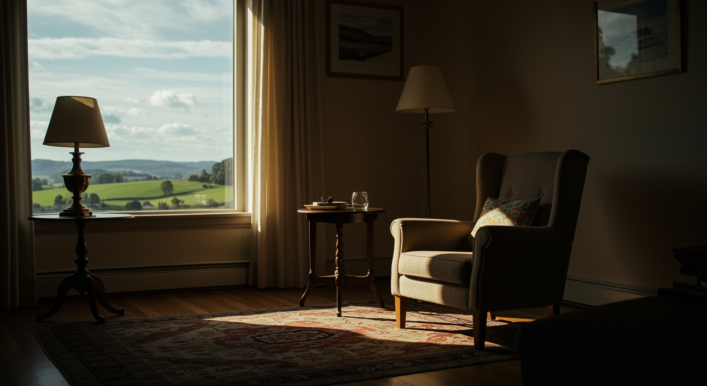 A quiet sunlit room with a comfortable chair and a window looking out over green hills