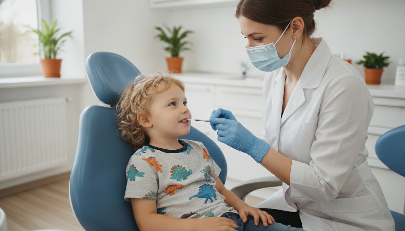 A young child sitting calmly in a dental chair while a dentist in gloves holds a small brush, soft natural light in a bright clinic room