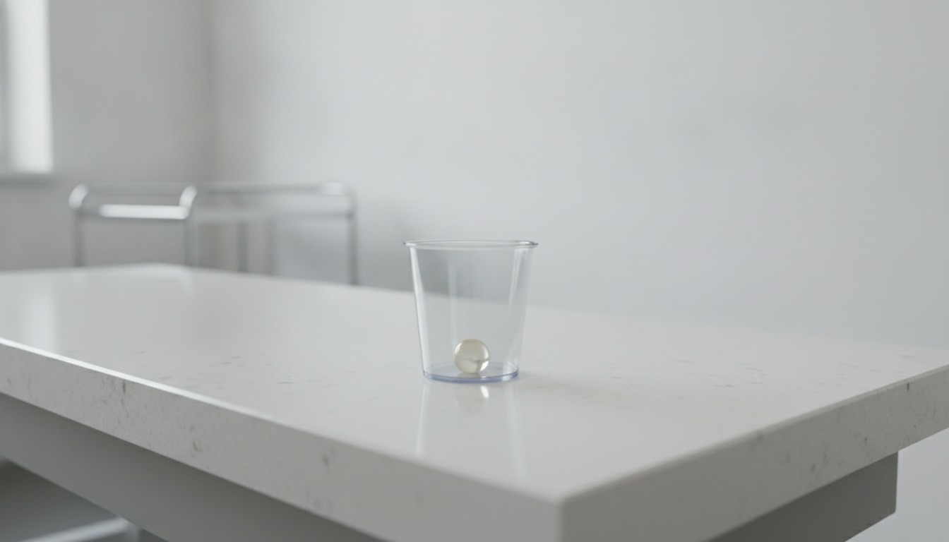 A single oral vaccine dose in a small cup resting on a clean clinic table in soft natural light