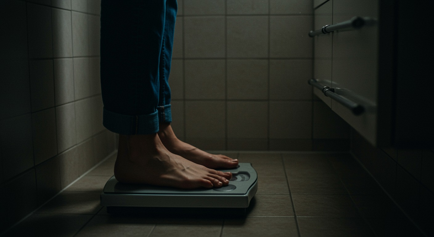 Person stepping on a scale in a bright bathroom with clean neutral tones and soft natural light
