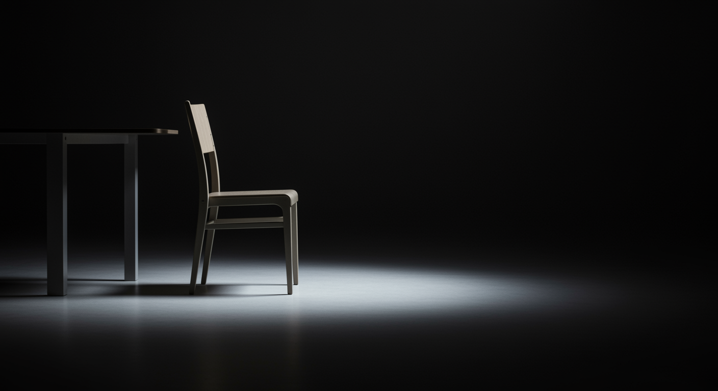 Single empty chair at dining table on clean white surface with dim lonely lighting