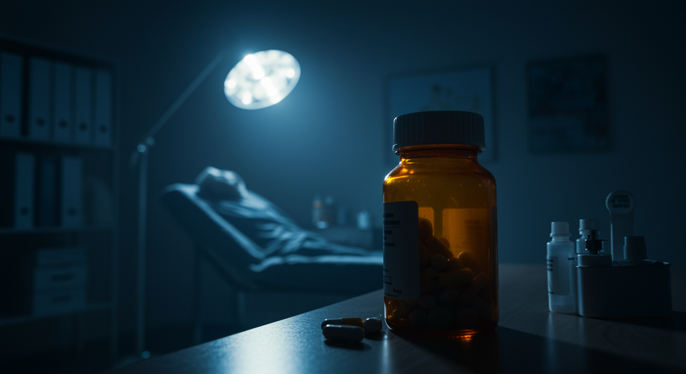 Therapy session room with medication bottle in soft lighting
