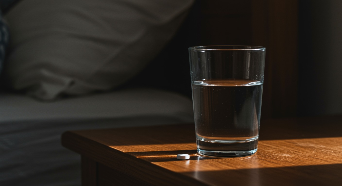 A glass of water beside a single white pill on a wooden bedside table in a quiet home bedroom with soft morning light