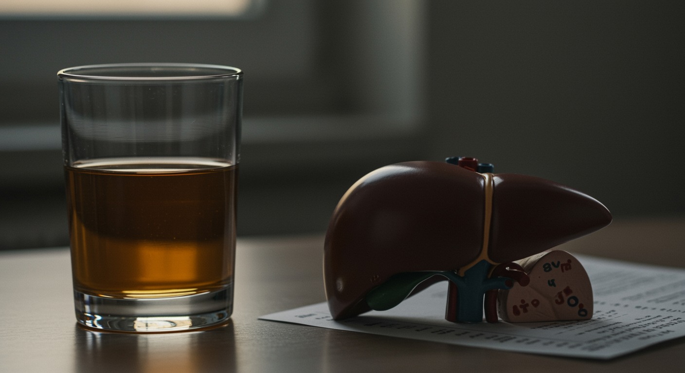 A close-up of a human liver model on a clinical desk beside a glass of amber liquid in soft natural light