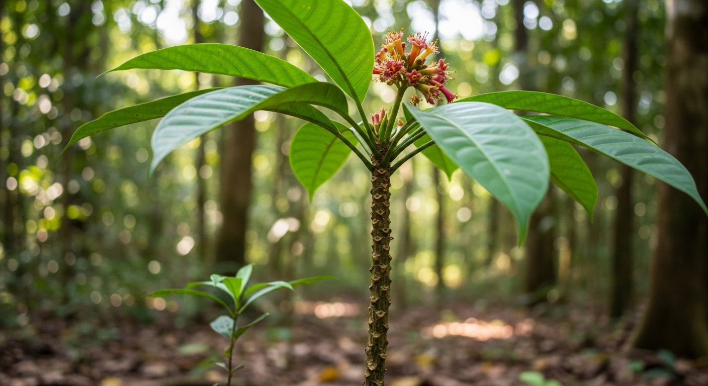 Photorealistic image of herbal roots and a lab flask representing natural testosterone research