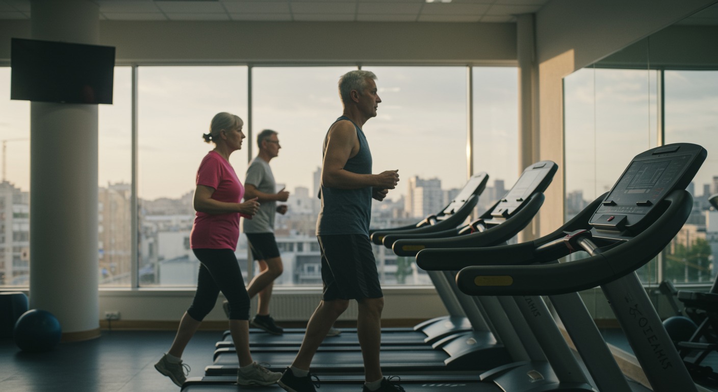 Older adults walking briskly on treadmills in a bright gym with large windows and morning light