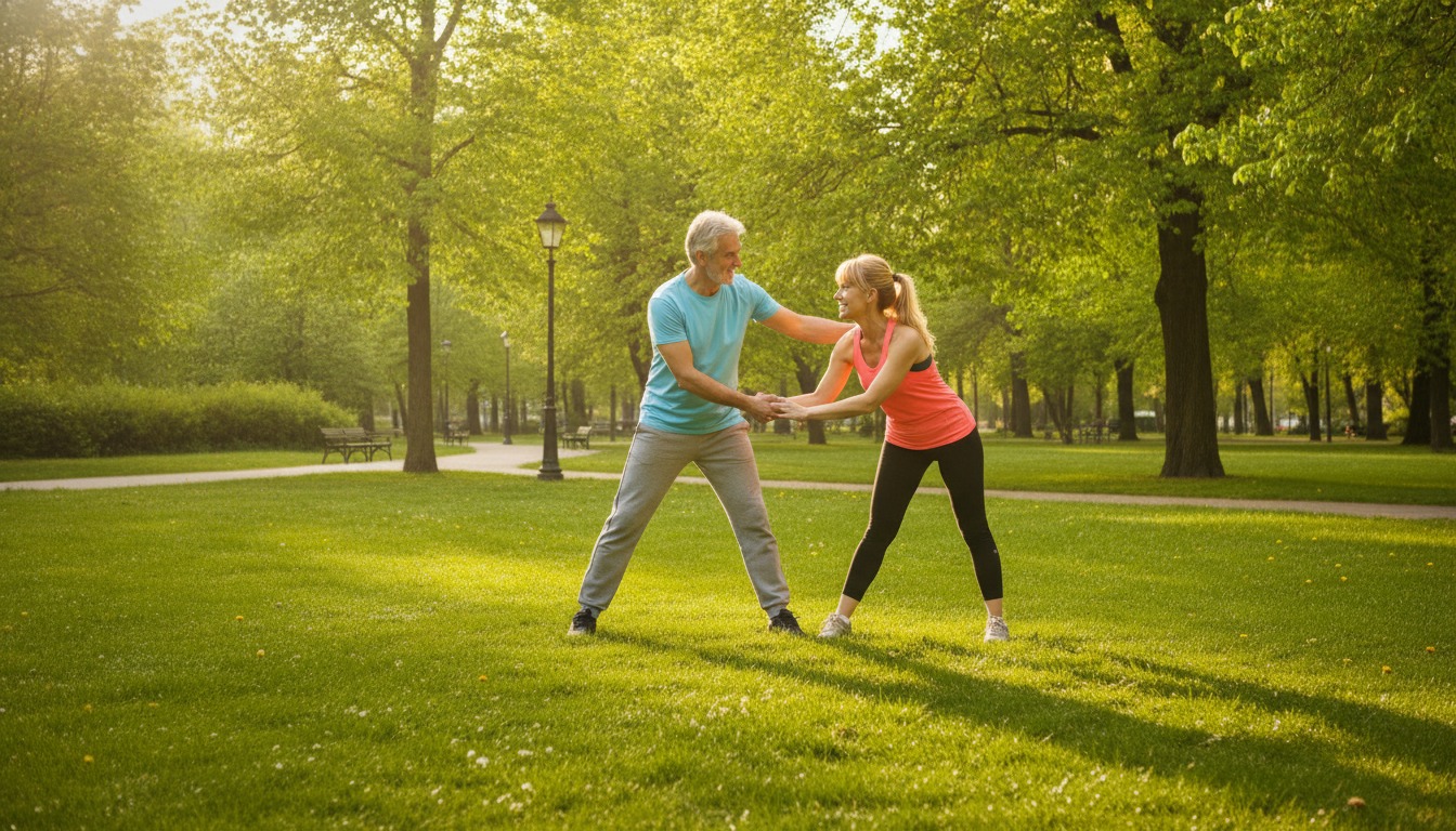Older couple stretching together in a sunlit park with warm golden morning light and green trees